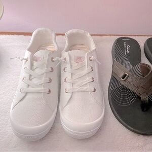 Roxy Bayshore sneakers, Clark’s sandals, Taryn heels